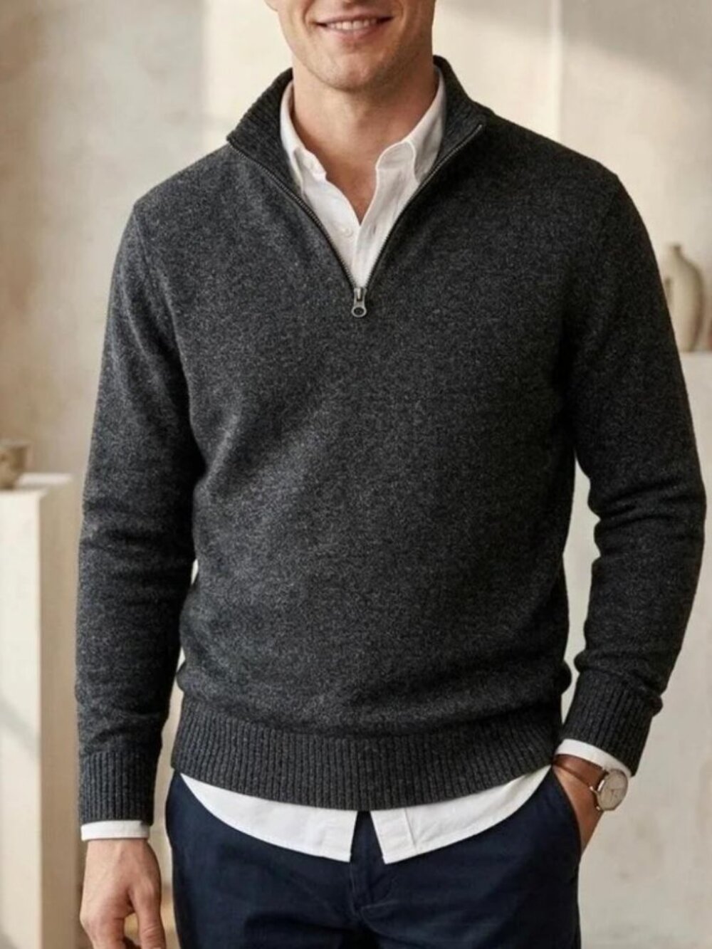 100% Italian merino wool men's charcoal gray quarter zip knit sweater J. Crew M